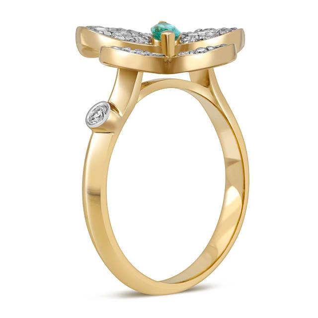 Кольцо из жёлтого золота с бриллиантами и изумрудом "Бабочки" (055145)