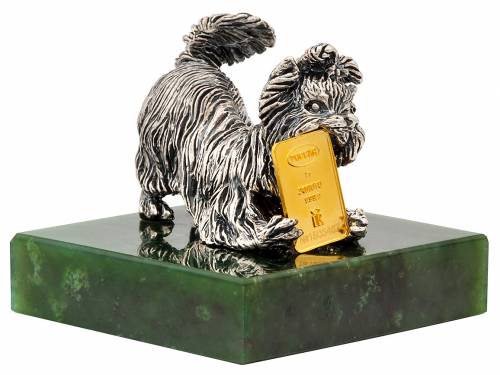 Сувенир Символ года Собака из серебра со слитком из золота 999 пробы на подставке из нефрита
