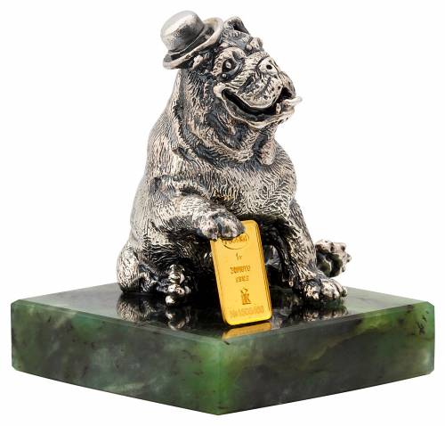 Сувенир Символ года Собака из серебра со слитком из золота 999 пробы на подставке из нефрита