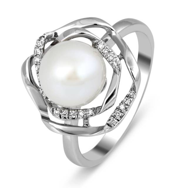Кольцо из белого золота с жемчугом и бриллиантами (012623)