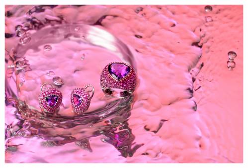 Серьги из белого золота с двумя аметистами, бриллиантами, розовыми сапфирами и рубинами"Mousson"