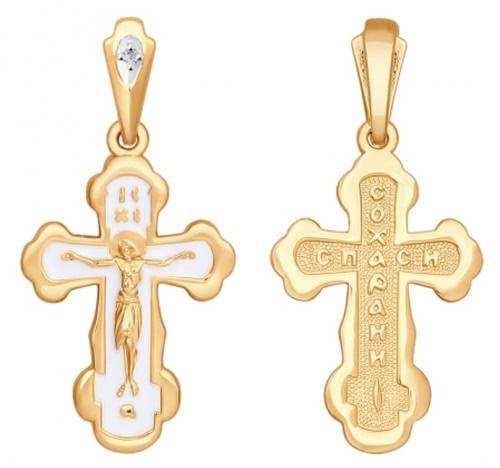 Кулон крест из жёлтого золота с бриллиантом и белой эмалью