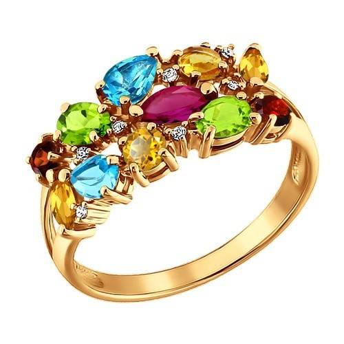 Кольцо из красного золота с полудрагоценными камнями и фианитами (027829)