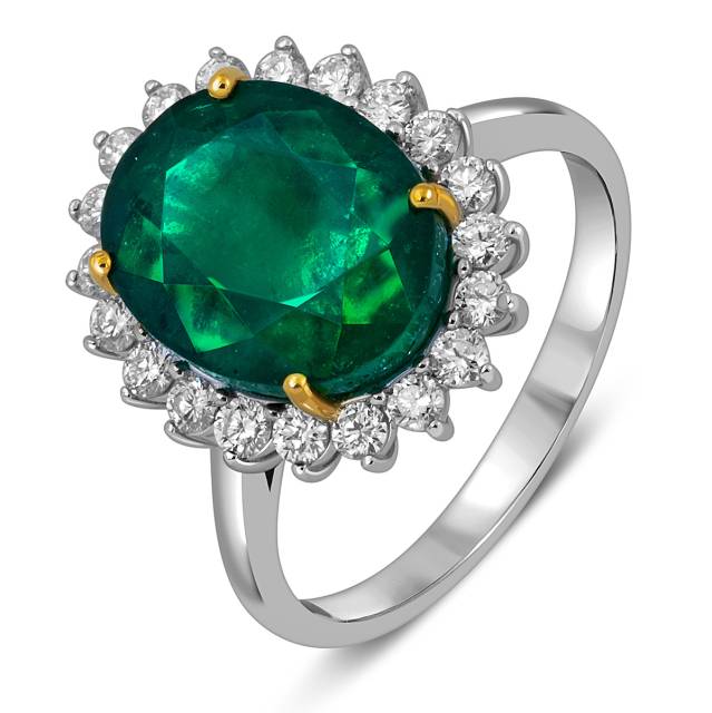 Кольцо из белого золота с бриллиантами и изумрудом (055081)