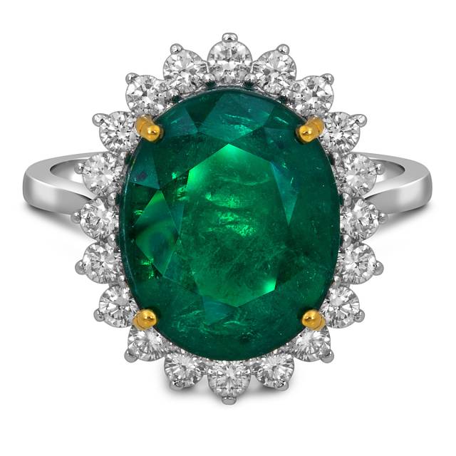 Кольцо из белого золота с бриллиантами и изумрудом (055081)