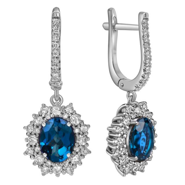 Серьги из белого золота с бриллиантами и лондон топазами (060508)