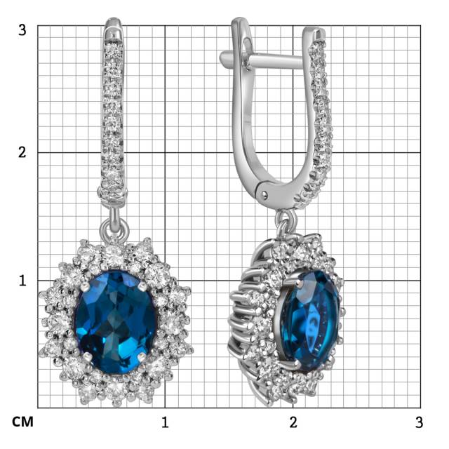 Серьги из белого золота с бриллиантами и лондон топазами (060508)