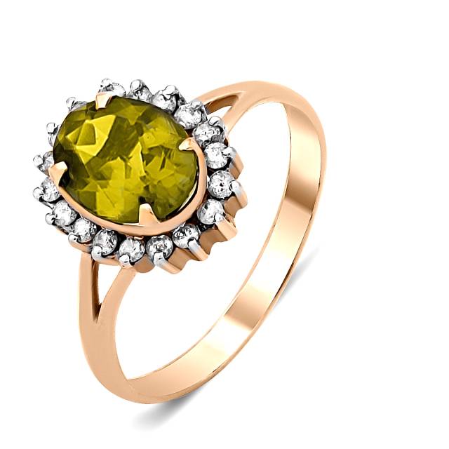 Кольцо из красного золота с бриллиантами и хризолитом (021286)