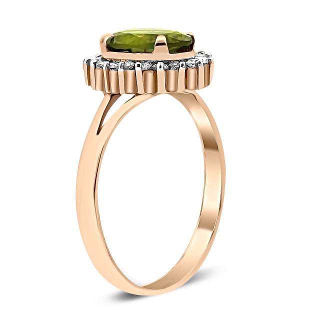 Кольцо из красного золота с бриллиантами и хризолитом (021286)