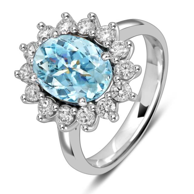 Кольцо из белого золота с бриллиантами и аквамарином (058470)