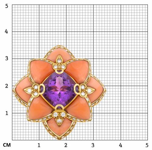 Кольцо из жёлтого золота с бриллиантами, аметистом и кораллами 16.5