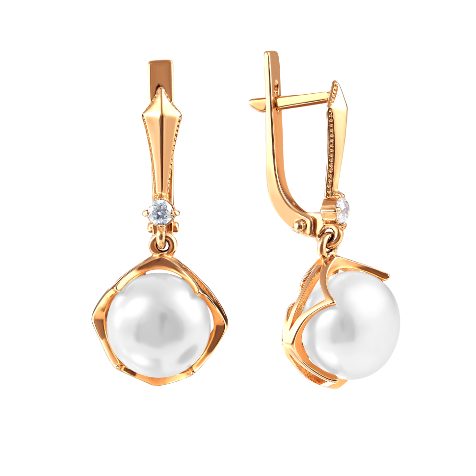 Серьги из красного золота с жемчугом и фианитами (041466)