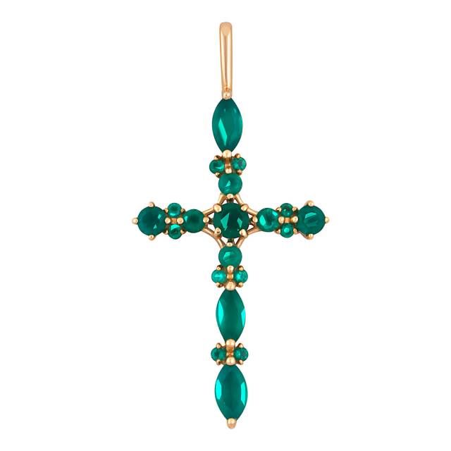 Кулон крест из красного золота с зелёными агатами (047995)