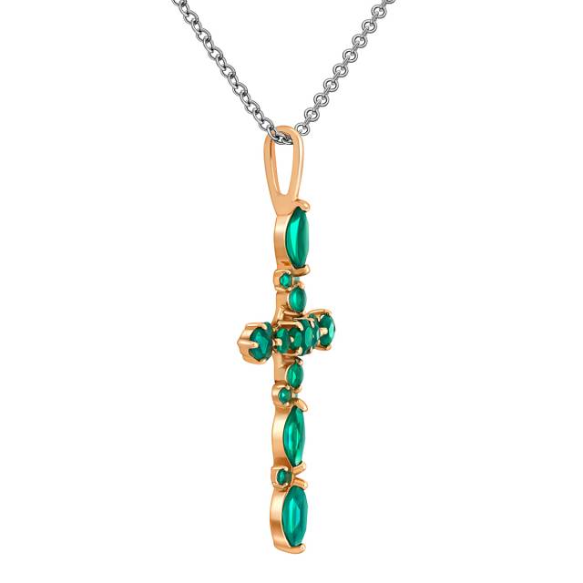 Кулон крест из красного золота с зелёными агатами (047995)