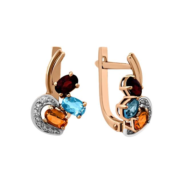 Серьги из красного золота с бриллиантами и полудрагоценными камнями (022010)