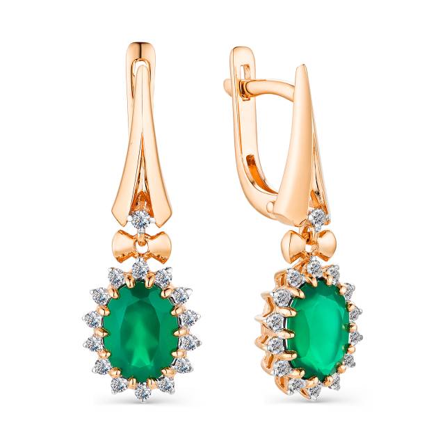 Серьги из красного золота с бриллиантами и зелёным агатом (040476)