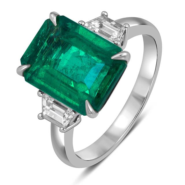 Кольцо из белого золота с бриллиантами и изумрудом (053524)