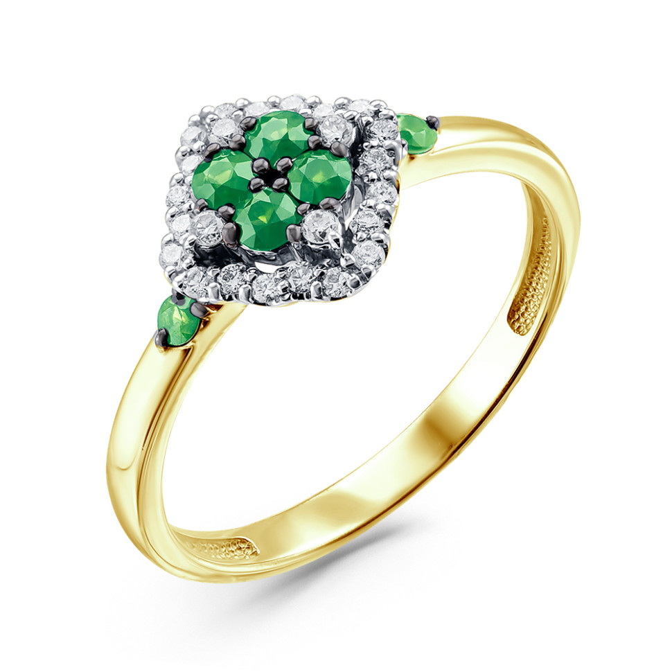Кольцо из жёлтого золота с бриллиантами и изумрудами (058743)