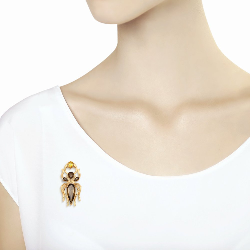 Брошь из красного золота с цитрином, раух-топазами и фианитами (042328)