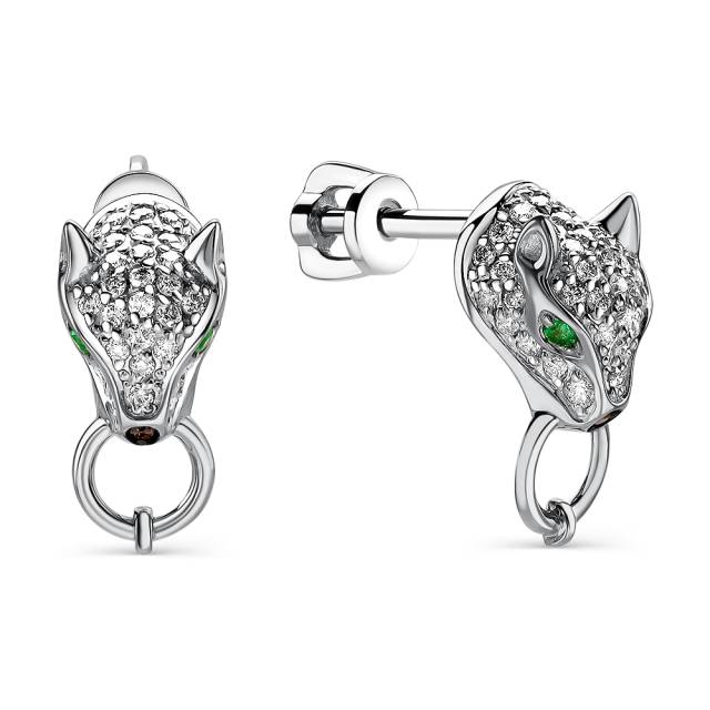 Серьги пусеты из белого золота с бриллиантами и изумрудами (059854)