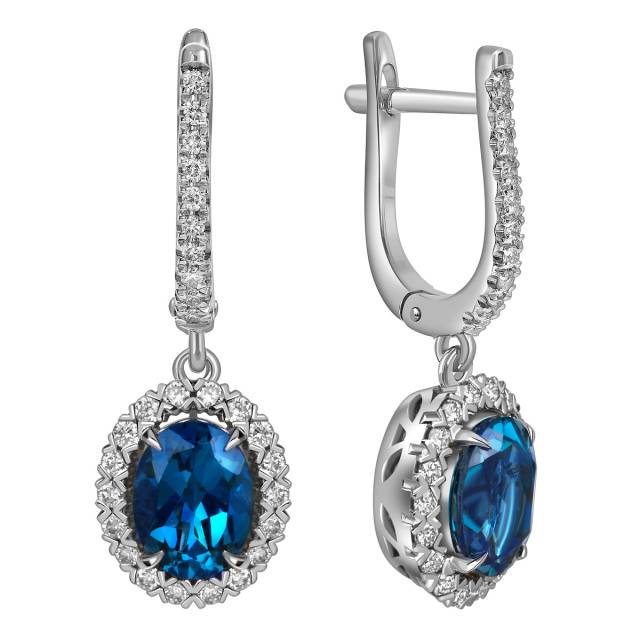 Серьги из белого золота с бриллиантами и Лондон топазами (060181)