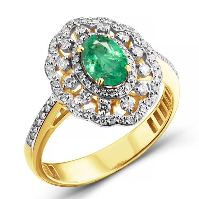 Кольцо из жёлтого золота с бриллиантами и изумрудом (063788)