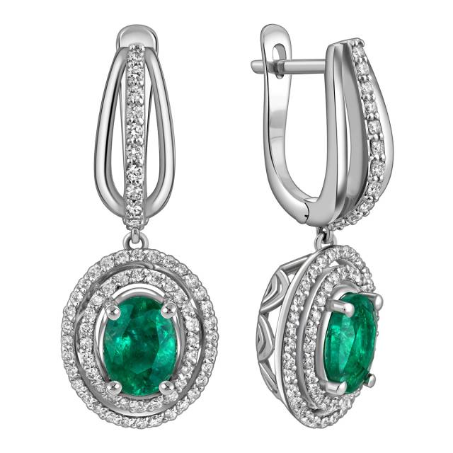 Серьги из белого золота с бриллиантами и изумрудами (025203)