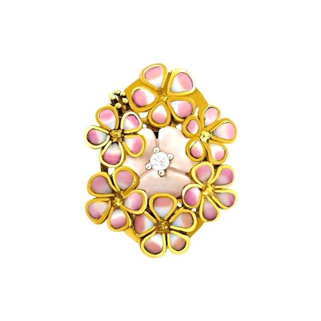 Кулон из жёлтого золота с фианитом, перламутром и эмалью (018171)