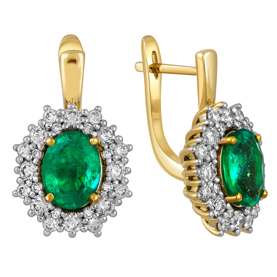 Серьги из жёлтого золота с бриллиантами и изумрудами (052372)