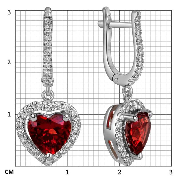 Серьги из белого золота с бриллиантами и гранатами "Сердце" (060140)