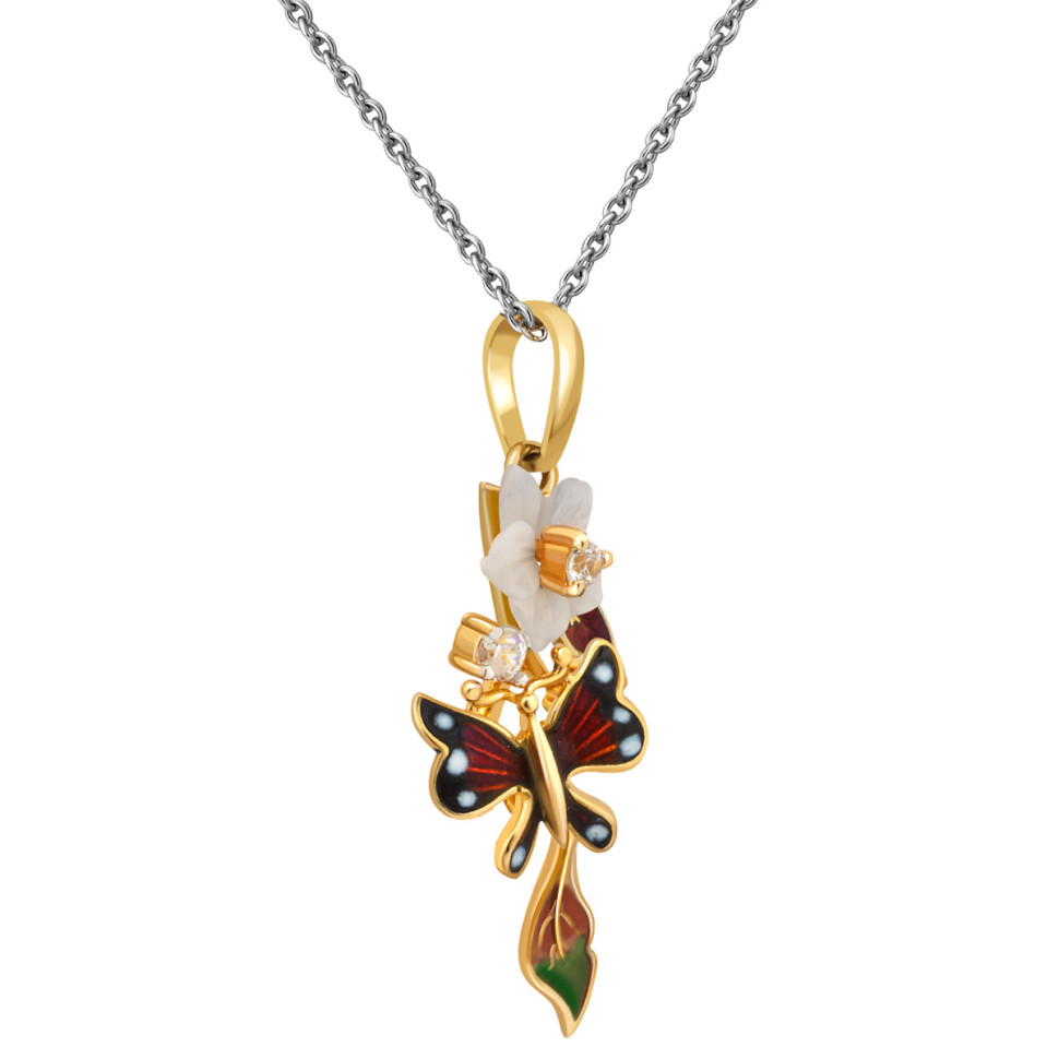 Кулон из жёлтого золота с цирконом, перламутром и эмалью (012113)