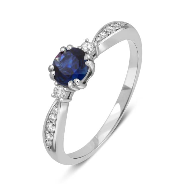 Помолвочное кольцо из белого золота с бриллиантами и сапфиром (041372)