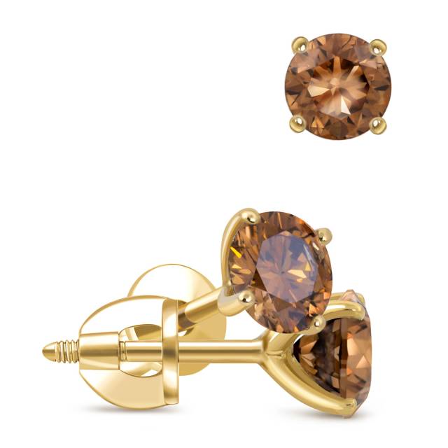 Серьги пусеты из жёлтого золота с коньячными бриллиантами (053590)