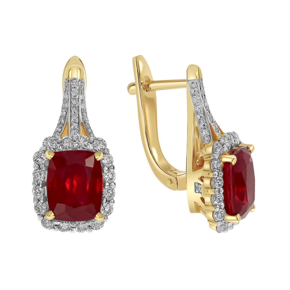 Серьги из жёлтого золота с бриллиантами и рубином (060559)