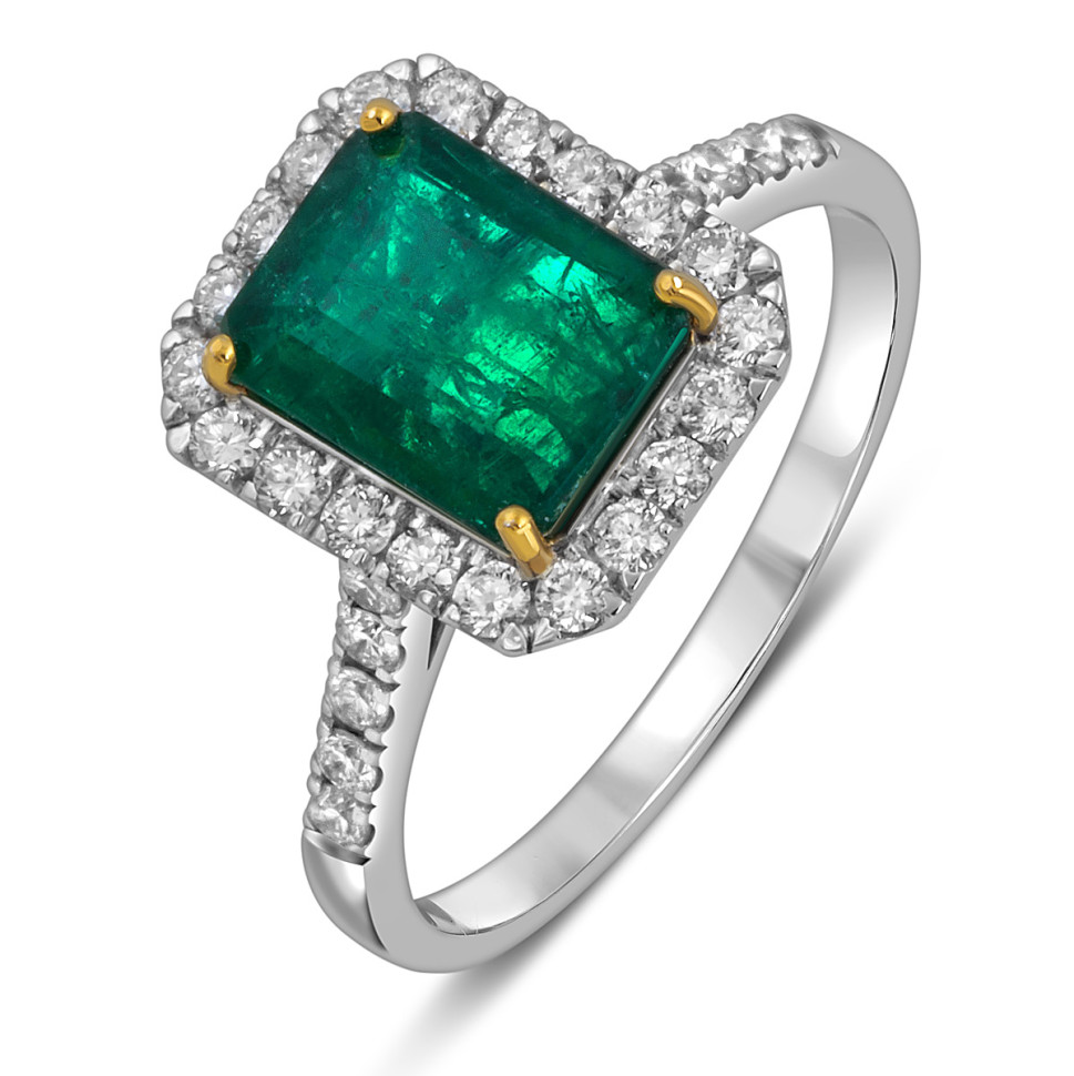 Кольцо из белого золота с бриллиантами и изумрудом (055073)