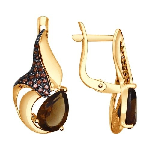 Серьги из красного золота с раух-топазами и фианитами (027782)