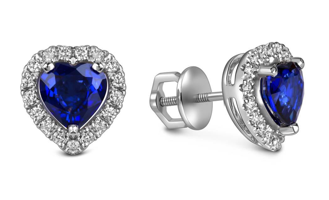 Серьги пусеты из белого золота с бриллиантами и сапфирами "Сердце" (060565)
