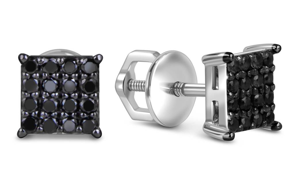 Серьги пусеты из белого золота с чёрными бриллиантами (059209)