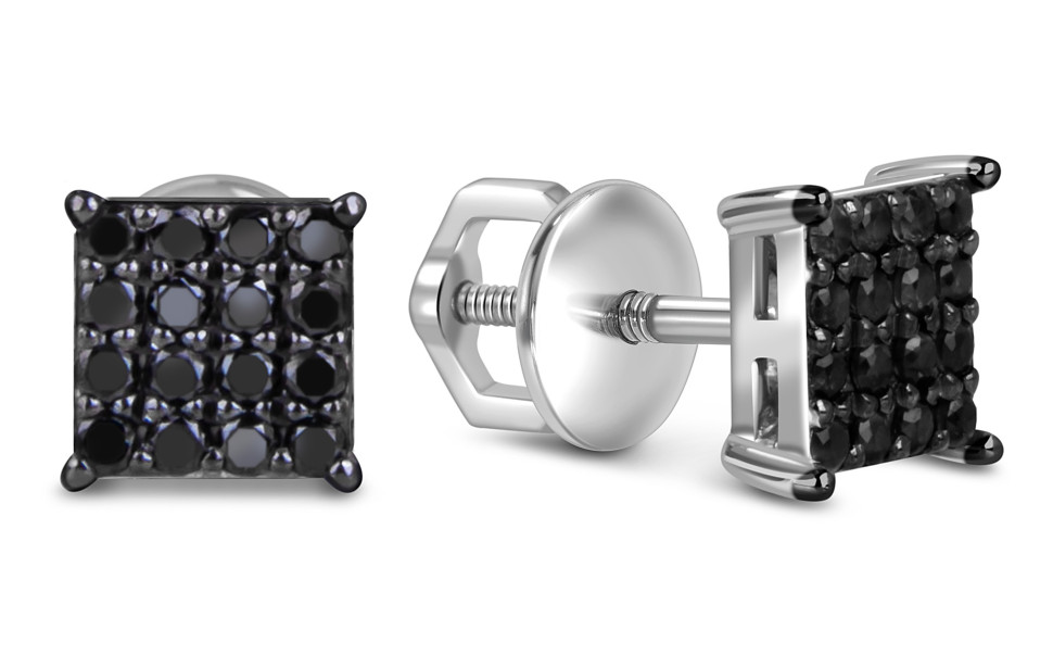 Серьги пусеты из белого золота с чёрными бриллиантами (059209)