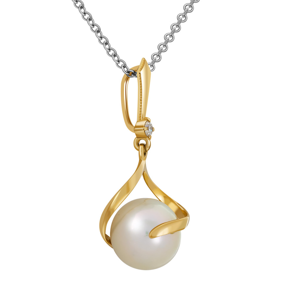 Кулон из жёлтого золота с бриллиантом и жемчугом (042415)