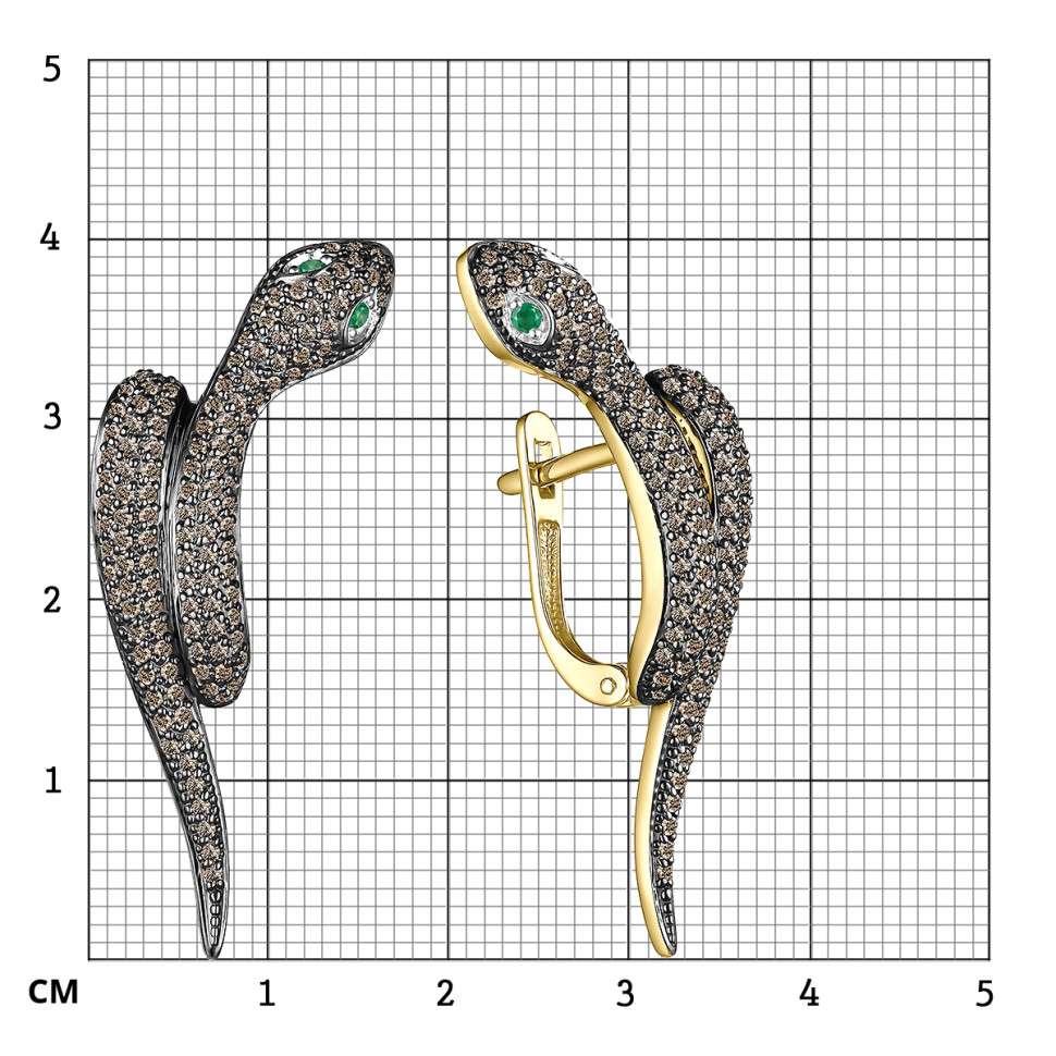 Серьги из жёлтого золота с  коньячными бриллиантами и изумрудами (057659)