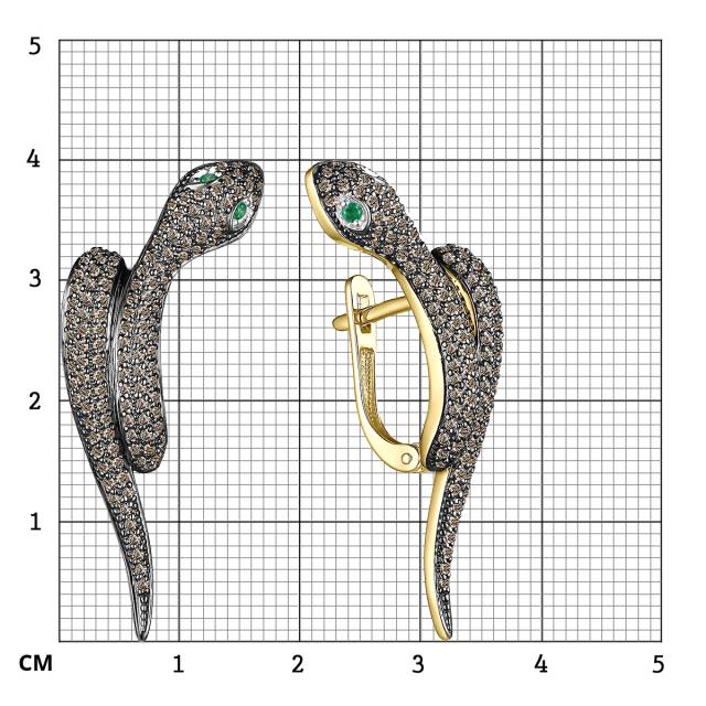 Серьги из жёлтого золота с  коньячными бриллиантами и изумрудами (057659)
