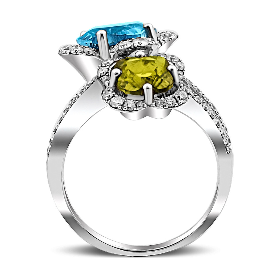 Кольцо из белого золота с бриллиантами, топазом и хризолитом (018611)