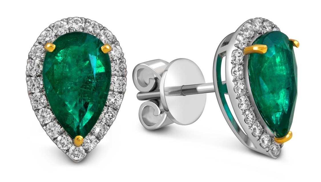 Серьги пусеты из белого золота с бриллиантами и изумрудами (055070)