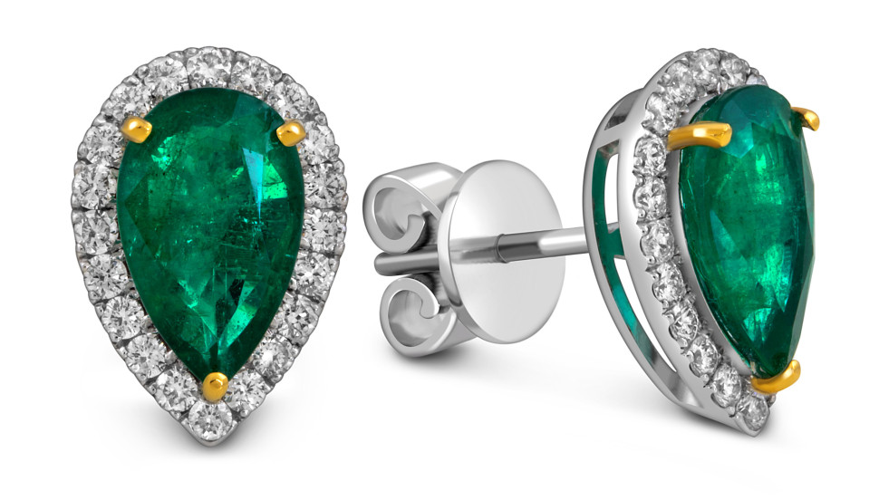 Серьги пусеты из белого золота с бриллиантами и изумрудами (055070)