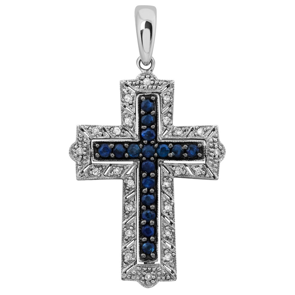 Кулон крест из белого золота с бриллиантами и сапфирами (018794)