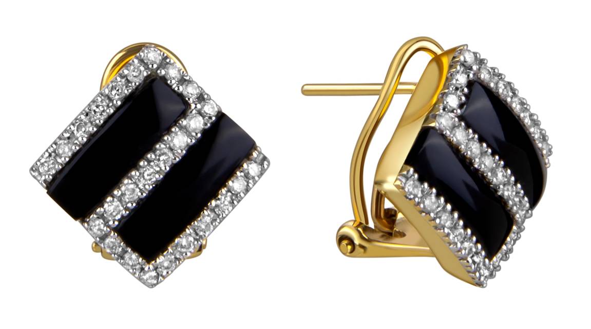 Серьги из жёлтого золота с бриллиантами и ониксом (024271)