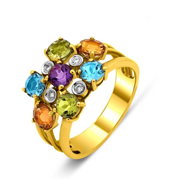 Кольцо из жёлтого золота с бриллиантами и цветными полудрагоценными камнями (021264)