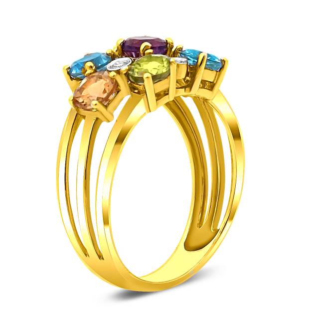 Кольцо из жёлтого золота с бриллиантами и цветными полудрагоценными камнями (021264)