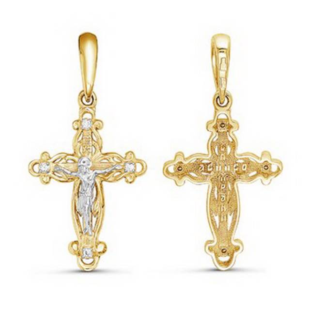 Кулон крест из жёлтого золота с бриллиантами (061241)